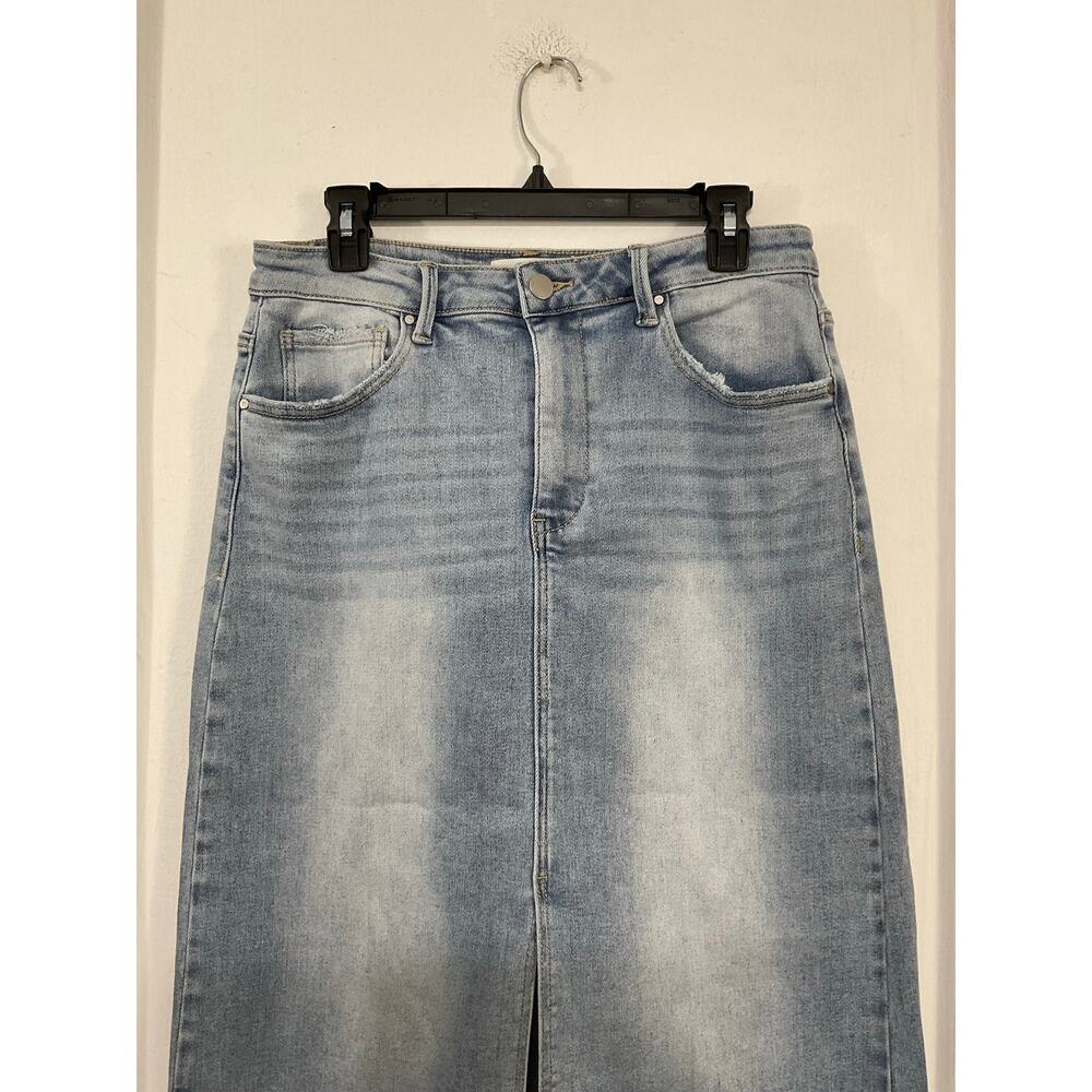 90s Style Risen Demin High Rise Maxi Skirt Size Large Front Slit Stretch - Picture 3 of 7